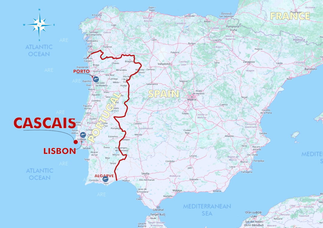 Mapa da Península Ibérica com localização de Cascais
