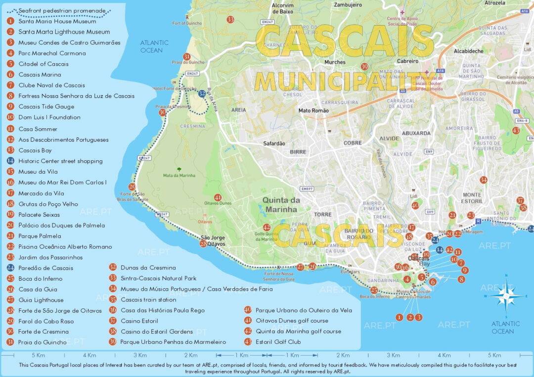 Mapa de Cascais com os principais bairros residenciais, alguns pontos de interesse e passeios marítimos