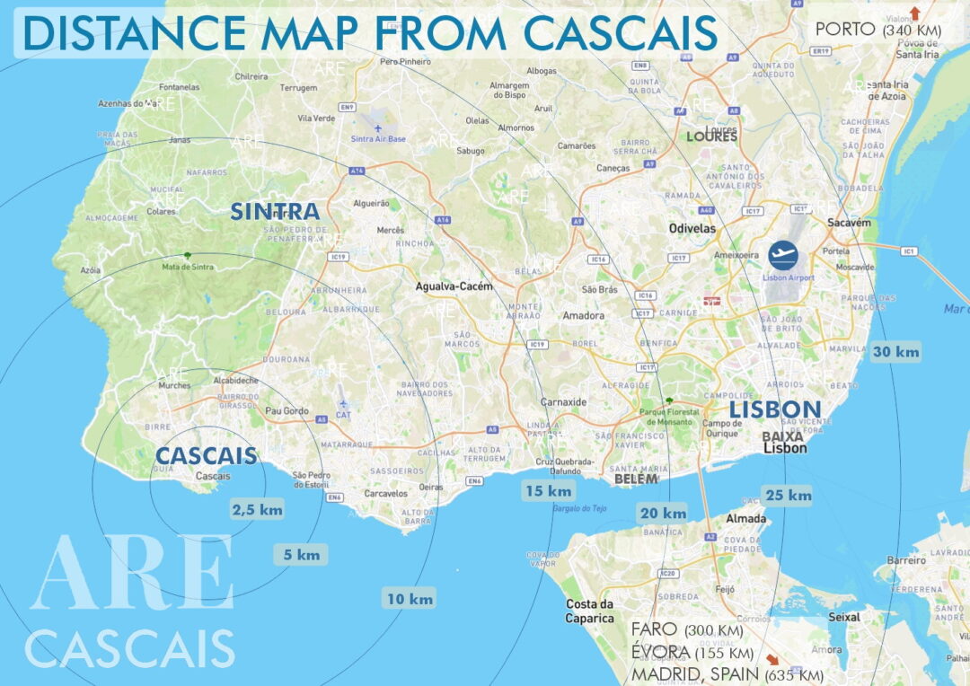 Mapa da Grande Lisboa com distâncias de Cascais