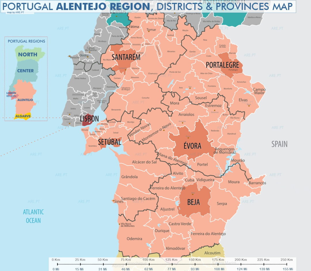 A região do Alentejo em Portugal é composta pelos distritos de Évora, Beja e Portalegre