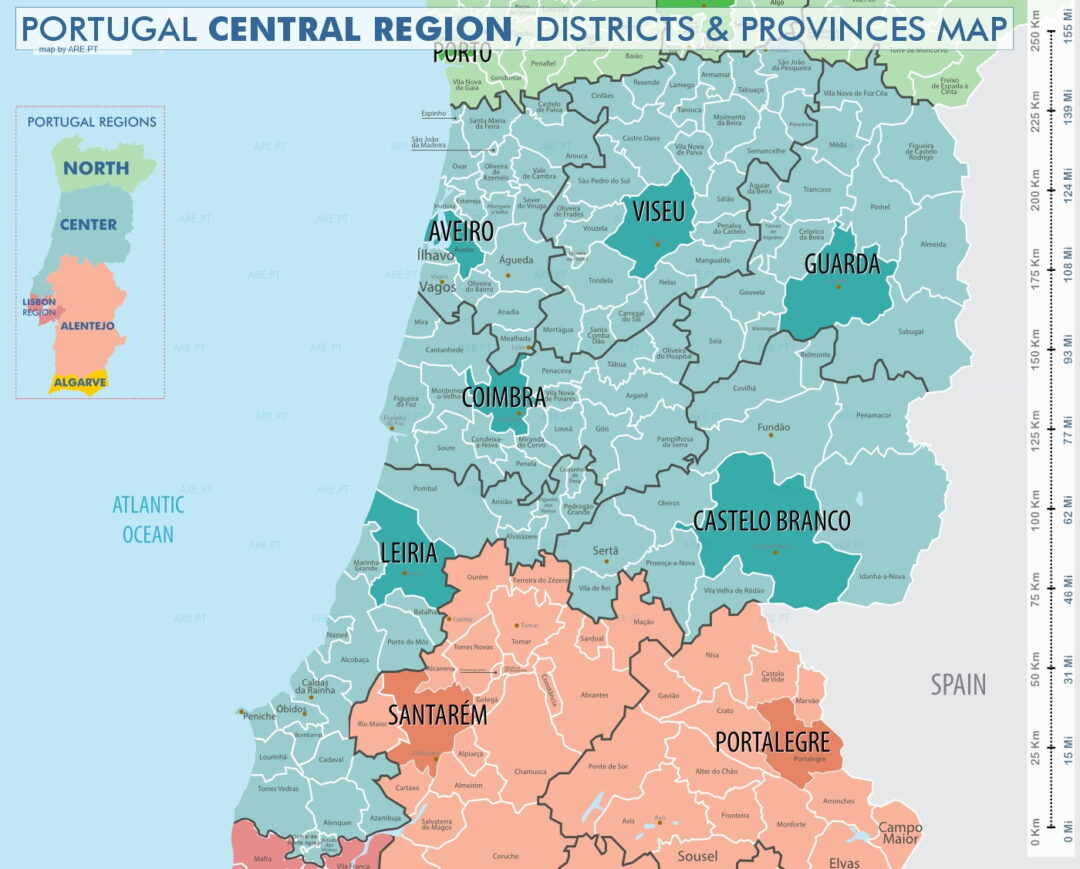 A região centro de Portugal é composta pelos distritos de Aveiro, Viseu, Guarda, Coimbra, Leiria e Castelo Branco