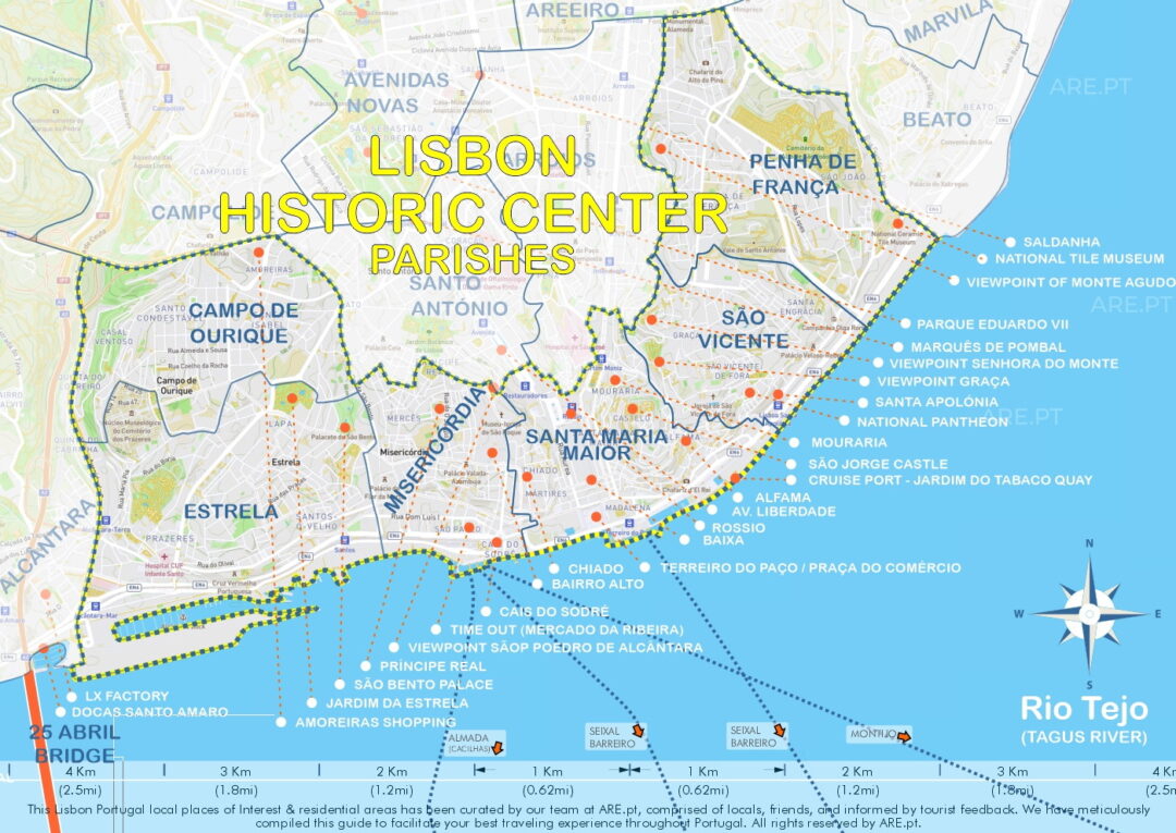 Mapa do Centro Histórico de Lisboa com as freguesias de Estrela, Campo de Ourique, Misericórdia, Santa Maria Maior, São Vicente e Penha de França.