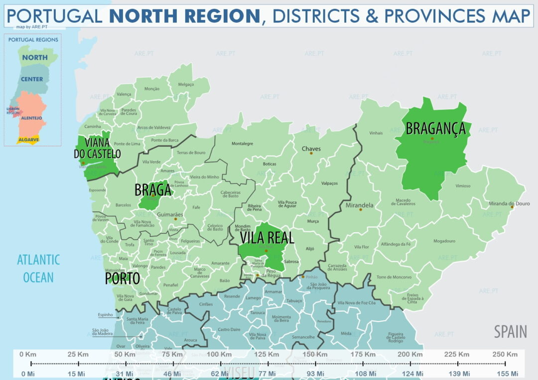 A região Norte de Portugal é constituída pelos distritos do Porto, Braga, Viana do Castelo, Vila Real e Bragança