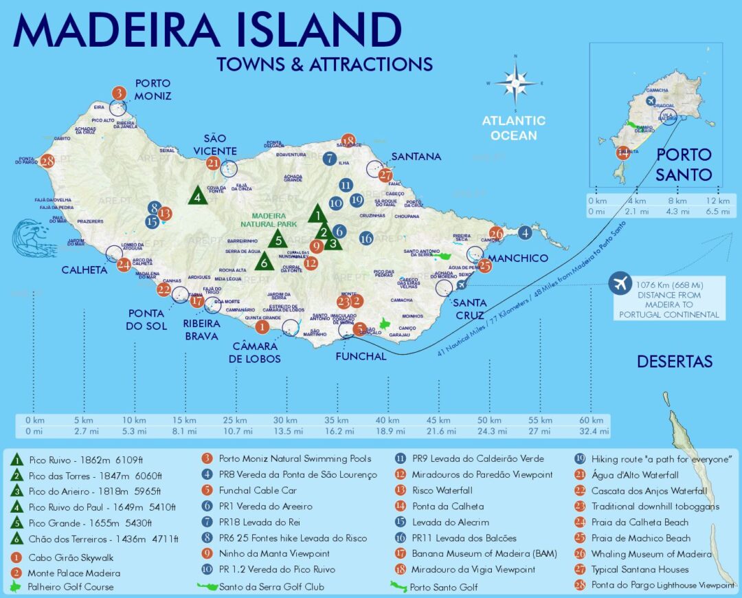 Mapa com atrações da Madeira, vilas e concelhos, picos, levadas, campos de golfe e aeroporto